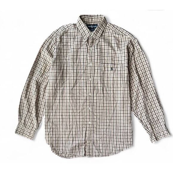 Men’s Ralph Lauren Blaire Green Tan Red Plaid Long Sleeve Cotton Polo Size L - Picture 1 of 5